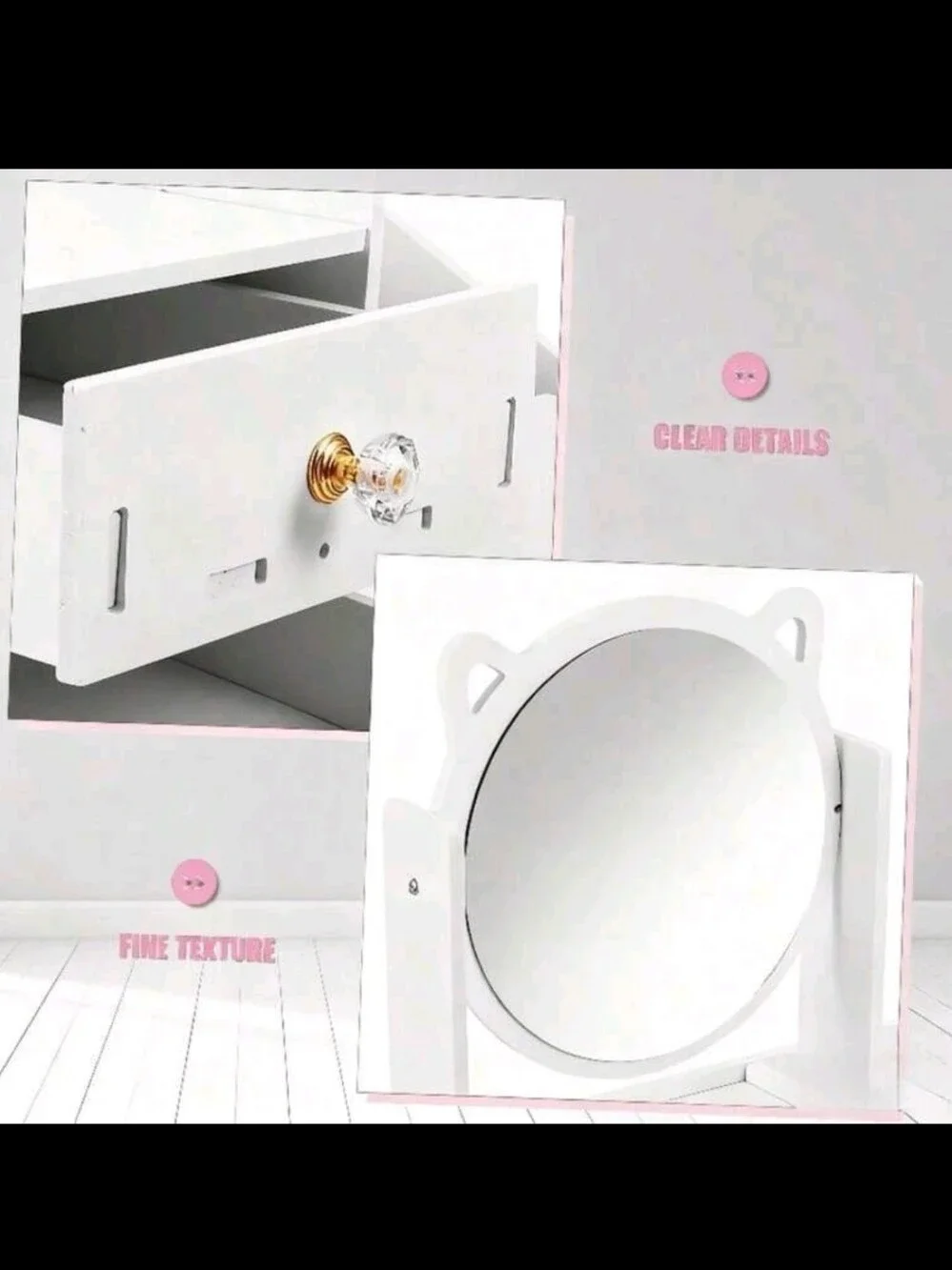 White Wooden Makeup Organizer with Mirror - Compact Vanity Storage